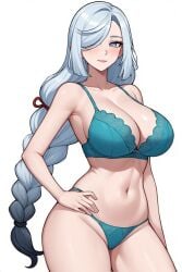 1girls ai_generated big_breasts black_tipped_hair blue_eyes braided_hair cleavage curvy_body curvy_female curvy_figure cyan_bra cyan_panties fair_skin fair_skinned_female female female_only genshin_impact hourglass_figure hourglass_figured_female hoyoverse huge_breasts perchance_ai seductive seductive_female seductive_smile shenhe_(genshin_impact) solo solo_female solo_focus thick_thighs voluptuous voluptuous_body voluptuous_female white_hair wide_hips