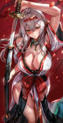 blush breasts cherry_blossoms cleavage floral_print goddess_of_victory:_nikke himonoata holding japanese_clothes kimono large_breasts long_hair obi official_alternate_costume red_eyes sash scabbard scarlet_(black_shadow)_(longing_flower)_(nikke) scarlet_(black_shadow)_(nikke) scarlet_(nikke) sheath solo sword thighs weapon white_hair