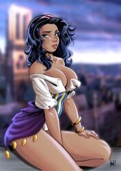 1girls alternate_version_at_source big_breasts black_hair breasts cleavage dani_docampo dark-skinned_female dark_skin disney esmeralda female female_only hairband huge_breasts solo the_hunchback_of_notre_dame