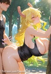 1boy 1girls ai_generated ass ass_grab big_ass big_breasts blush breast_grab breasts closed_mouth clothes clothing cute cute_face doggy_style duo female female_focus kobayashi-san_chi_no_maidragon large_ass large_breasts light-skinned_female light_skin long_hair looking_at_viewer lucoa lucoa_(maidragon) male nipples penis penis_in_pussy pink_nipples pussy quetzalcoatl_(dragon_maid) sexy sexy_body sexy_female yellow_eyes yellow_hair younger_female
