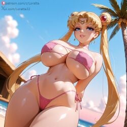 1girl ai_generated beach big_ass big_breasts bikini blonde_hair blue_eyes circlet curvy hands_behind_back loratta sailor_moon seductive_smile standing tagme thick_thighs thong twintails usagi_tsukino wide_hips