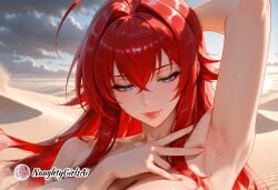1girl ahoge ai_generated arm_up armpits big_breasts blue_eyes breasts curvy green_eyes hair_between_eyes high_school_dxd large_breasts long_hair mature_female naughtygirlsai nude red_hair rias_gremory sky smile solo