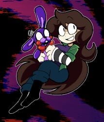 big_boobs big_butt cartoonish charlie_(fnaf) charlie_emily charlotte_emily clothed clothing coat curvy_figure cute_face female_only five_nights_at_freddy's five_nights_at_frickbears five_nights_at_frickbears_3 fnaf hugging_object long_hair sfw smiling_at_viewer striped_clothing theodore_(fnaf) thunder_thighs tomfooleryarts tommytornado wholesome