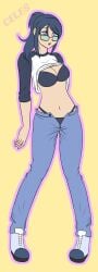 blue_hair blue_underwear bra breasts cleavage electrickronos empty_eyes freckles glasses hypnosis hypnotized_female mind_control open_mouth original_character panties ponytail shirt_lift shirt_up standing_at_attention stripping underwear undressing
