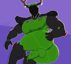 1boy anus ass ass_focus ass_grab balls bara big_butt bionicle flashy422 hand_on_ass horns lego male muscular_male nipples partially_armored pecs penis precum_drip presenting_anus presenting_hindquarters rear_view red_eyes robot solo solo_male umarak