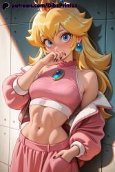 1girl 1girls abs ai ai_assisted ai_generated anime artist_name bare_shoulders black_nails blonde_hair blue_eyes blush breasts crop_top crown dibzprintz earrings hand_in_pocket hi_res high_quality high_resolution highres jacket jewelry long_hair looking_at_viewer mario_(series) medium_breasts midriff nail_polish navel nintendo off_shoulder open_clothes open_jacket pants patreon_username pink_jacket pink_skirt princess_peach solo sphere_earrings stomach super_mario_bros. toned watermark
