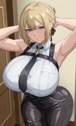 1girls ai_generated armpits arms_up big_boobs big_breasts blonde_female blonde_hair curvy curvy_body curvy_female curvy_figure evelyn_chevalier huge_breasts kyoru189 large_breasts light-skinned_female light_skin looking_at_viewer massive_breasts mature_female pants purple_eyes shiny shiny_skin shirt solo solo_female zenless_zone_zero
