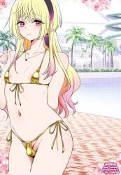 1boy areolae_slip bare_shoulders bikini bikini_bottom bikini_top blonde_hair blunt_bangs blush_lines brick_floor bulge bulge_through_clothing bush ceiling coconut_tree collarbone day daylight daytime eyebrows_visible_through_hair femboy femenine_male fingernails flower front-tie_bikini_top girly golden_bikini golden_bikini_bottom golden_bikini_top gradient_hair groin hair_band halftone_background hand_behind_back hand_on_chest hand_up heart_necklace indoor_pool indoors japanese_text lips long_hair looking_aside looking_at_viewer male male_focus male_only marriagetoxin mei_kinosaki micro_bikini micro_bikini_bottom micro_bikini_top mole_under_eye multicolored_hair nagano_rira nail_polish navel necklace penis pink_hair pool poolside portrait red_eyes side-tie_bikini_bottom slider small_penis smile solo solo_male standing testicle_peek testicles thighs tile_floor tongue tree twitter_username username very_high_resolution water