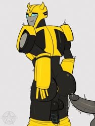 anus ass balls blue_eyes bottomless bubble_butt bumblebee_(transformers) cybertronian gay hand_on_ass imminent_sex inviting_to_sex looking_back male/male offscreen_male penis polarisinhostar precum_drip presenting_anus presenting_hindquarters rear_view robot solo_focus transformers transformers_animated