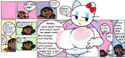2girls anthro areola areolae big_breasts black_eyes black_hair blush blush_stickers bow breasts cassettedream cat_girl closed_mouth comic completely_nude dark-skinned_female dark_skin dream-cassette english_language english_text felid feline felis female female_only furry hair_bow half-closed_eyes hello_kitty hello_kitty_(character) hello_kitty_(series) holding_breasts hoshime huge_breasts human index_finger_raised kitty_white large_areolae multiple_girls nipples nude nude_female open_mouth raised_eyebrow red_bow sanrio smile solo solo_female speech thick_eyebrows twintails whiskers white_fur