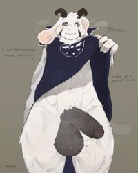 1boy abs animal_ears artist_name asriel_dreemurr blush closed_mouth clothes_lift english_commentary english_text erection floppy_ears foreskin furry furry_male goat_boy goat_ears highres large_testicles looking_at_viewer looking_down male_focus muscular muscular_male penis precum presenting_penis punnavix purple_robe robe shirt_lift testicles undertale utdr_(toby_fox)