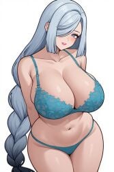 1girls ai_generated big_breasts black_tipped_hair blue_eyes braided_hair cleavage curvy_body curvy_female curvy_figure cyan_bra cyan_panties fair_skin fair_skinned_female female female_only genshin_impact hourglass_figure hourglass_figured_female hoyoverse huge_breasts perchance_ai seductive seductive_female seductive_smile shenhe_(genshin_impact) solo solo_female solo_focus thick_thighs voluptuous voluptuous_body voluptuous_female white_hair wide_hips