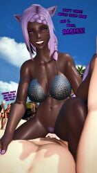 background_character bottomless chainmail_bikini cowgirl_position cum cum_in_pussy cum_inside dark-skinned_female final_fantasy_xiv miqo'te pov purple_eyes purple_hair sex vargoatart