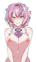 breasts breasts_squeezed_together grey_hairband hairband highres large_breasts looking_at_viewer medium_hair navel nipples pink_eyes pink_hair remielle_dan simple_background smile solo stomach white_background zenless_zone_zero