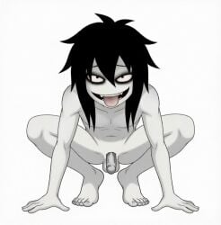 1boy ai_assisted balls barefoot black_hair jeff_the_killer looking_at_viewer male naked nude pale_skin penis smile solo solo_male squatting tongue tongue_out twink