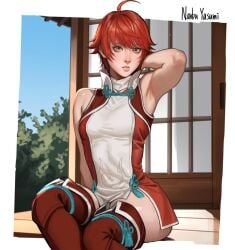 armpits big_ass big_butt big_hips big_thighs clothed fat_ass female female_focus female_only fire_emblem fire_emblem_fates fire_emblem_heroes half_sister hinoka_(fire_emblem) hips human japanese_clothes japanese_clothing looking_at_viewer princess red_hair shaved_armpit short_hair sitting sitting_on_floor small_breasts soft sweet tights tomboy yellow_eyes