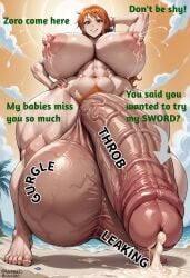 ai_generated dialogue futanari gigantic_ass gigantic_breasts hyper_balls hyper_futa hyper_penis lactation leaking_cum nami_(one_piece)