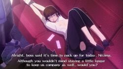 1girls 2boys after_sex arms_behind_head ball_gag bdsm brown_hair brunette condom condom_packet_strip couch dialogue dubious_consent exposed_breasts functionally_nude functionally_nude_female legs_up makoto_niijima medium_breasts persona persona_5 pussy red_eyes restrained short_hair short_hair_female text tied_hands tied_up torn_clothes torn_legwear uriziel38