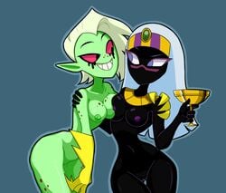 2girls asymmetrical_docking black_skin blue_background breast_frottage breast_press breasts casual clothing crossover crossover_pairing cup disney duck_dodgers female female_only flowerpigeon73 functionally_nude gloves goblet green_skin handwear looking_at_another lord_dominator mouthless multiple_girls neckwear nipples no_mouth nude pussy queen_tyr'ahnee smile thigh_gap wander_over_yonder wide_hips wine_glass yuri