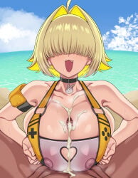 1boy 1girls bangs_over_eyes blonde cum ejaculation elegg_(boom_and_shock)_(nikke) elegg_(nikke) goddess_of_victory:_nikke hiyoko_spot huge_breasts paizuri penis semen short_hair