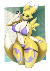 1girls anthro bandai_namco big_breasts big_thighs bikini black_nails black_sclera blue_eyes digimon digimon_(species) eyelashes female female_only hi_res looking_at_viewer mammal manedkitsune phone renamon solo tail thick_thighs thigh_strap wide_hips