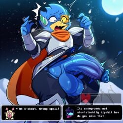 ai_generated anthro antlers armor avian balls beak berdly big_balls big_penis bird black_clothing blue_balls blue_body blue_eyes blue_feathers blue_genitals blue_glans blue_penis bodily_fluids bottomwear cape capreoline cervid clothing darkner deltarune dialogue english_text eyewear feathers female femboy genitals glans glasses hair heart_symbol hellsonger hi_res horn huge_penis humanoid_genitalia humanoid_penis kris_(deltarune) male mammal moon new_world_deer noelle_holiday open_mouth penis reindeer scarf snow sweat sweaty_genitalia text thick_thighs torn_clothing undertale_(series) vein veiny_penis winter yellow_beak
