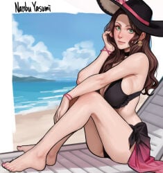 beach beautiful_girl black_hat black_swimsuit boobs brown_hair divas dorothea_arnault female female_focus female_only fire_emblem fire_emblem:_three_houses fire_emblem_heroes foot green_eyes human light-skinned_female light_skin looking_at_viewer nails_painted posing_for_the_viewer sideboob student swimsuit