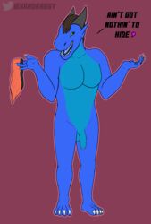 2017 anthro balls blue_tongue brown_hair claws clothing digital_media_(artwork) dragon flaccid green_eyes grey_horns hair heart horn male male_only nude penis precum reptile scalie shrug simple_background smile solo standing uncut underwear watermark white_claws xanderg xanderg_(artist)