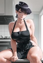 1girls ai_generated apron black_hair female_only komi-san_wa_komyushou_desu komi_shuuko naked_apron simple_background solo solo_female tagme