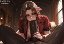 1boy 1girl aerith_gainsborough ai_generated blush bracelet braid breasts brown_hair clothed_female_nude_male cropped_jacket dark-skinned_male dark_skin dress erection fellatio final_fantasy final_fantasy_vii final_fantasy_vii_remake green_eyes hetero indoors interracial jacket jewelry large_penis long_hair looking_at_viewer oral parted_bangs penis pink_bow pink_dress pov red_jacket saliva short_sleeves solo_focus uncensored underwear vantawaifu veins veiny_penis very_dark_skin wavy_hair