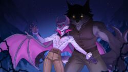 accessory bared_teeth bat bat_wings behind_another bracelet broad_shoulders canid canine canis cheek_tuft clothed clothing collar creepy detailed_background digital_drawing_(artwork) digital_media_(artwork) digital_painting_(artwork) dungeons_and_furries ear_tuft elbow_tuft evil_grin fangs fantasy fluffy fluffy_tail forest forest_background frilly_clothing fur furlough_games glowing glowing_eyes good_and_evil grey_fur grin larger_male leather leather_bottomwear leather_clothing leather_pants looking_at_viewer male_focus mammal medieval medieval_clothing membrane_(anatomy) membranous_wings moonlight muscular_male neck_tuft night oleg_(furlough_games) open_mouth protective purple_hair raised_arm red_eyes sangrae_(furlough_games) shadow size_difference sleeveless_shirt slim smile standing star stocky tail tail_tuft tufted_fur white_fur wolf yellow_eyes