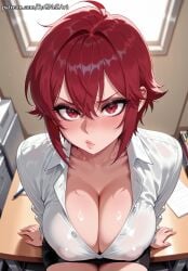 1girl 2026 ai_generated aizawa_tomo anime bangs black_skirt blush boobs breasts cleavage closed_mouth collarbone collared_shirt covered_nipples crossover desk eye_contact female female_focus flushed from_above hair_between_eyes highres huge_breasts indoors inside large_breasts lips looking_at_viewer miniskirt neutral_expression no_bra nsfw on_desk patreon patreon_username pencil_skirt red_eyes red_hair rognezart see-through shirt short_hair sidelocks sitting skirt solo tomo-chan_wa_onna_no_ko v-shaped_eyebrows white_shirt window