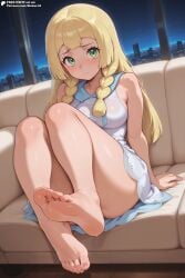 ai_generated bangs blonde_hair from_below green_eyes lillie_(pokemon) long_hair medium_breasts pokemon pokemon_sm showing_feet shy sitting solo solo_female stoker_ai