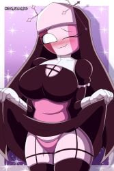 big_breasts blushing dude_named_bob friday_night_funkin friday_night_funkin_mod lifting_skirt naughty_nun nun nun_hat nun_outfit one_eye_closed pink_panties sarvente_(dokki.doodlez) sarvente_(friday_night_funkin) stockings