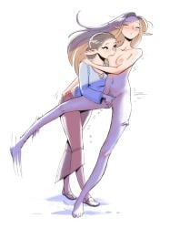 2girls age_difference completely_nude elf_ears elf_girl elves falling_over fingering fingering_partner hearts hearts_around_head looking_at_partner morphoblue nude_female_clothed_female squirting sucking_breasts yuri