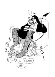 begging blush devil_horns devil_tail dorohedoro eating francishsie kai_(dorohedoro) monochrome nikaidou_(dorohedoro) squirting stepped_on stepping_on_head vibrator_in_pussy