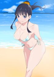 1girl beach bikini black_hair blue_bikini blue_eyes breasts closed_mouth gridman_universe gridman_universe_(movie) highres long_hair looking_at_viewer ocean official_alternate_costume outdoors sand solo swimsuit takarada_rikka thighs