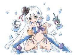 1girl absurdres artist_request character_request condom copyright_request dungeon_and_fighter female_mage_(dungeon_and_fighter) green_eyes hair_ornament hat highres long_hair mini_hat mini_top_hat multicolored_hair navel non-web_source original panties paricheery pointy_ears simple_background solo source_request tagme thighhighs top_hat underwear used_condom very_long_hair white_hair
