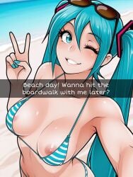 ai_generated ai_jago_dibuja aqua_eyes aqua_hair beach beach_background bikini bikini_top hair_ornament hatsune_miku inviting inviting_viewer looking_at_viewer nipple nipple_peek nipple_slip peace_sign selfie smile smiling_at_viewer snapchat striped_bikini sunglasses sunglasses_on_head twintails wardrobe_malfunction wink winking_at_viewer