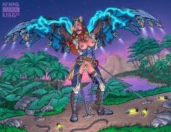 1girls aloy ball_gag bondage breasts chains chastity chastity_belt chastity_device elderrunic female femsub gag gagged horizon_zero_dawn nipples pussy pussy_juice red_hair shackles