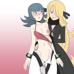 2girls assisted_exposure belt black_dress black_hair blonde_hair blush bracelet breasts champion cleavage clothed_female_nude_female cynthia_(pokemon) dress embarrassed embarrassed_naked_female embarrassed_nude_female enf female female_only fur_trim game_freak gradient gradient_background grey_eyes gym_leader hair_ornament hair_over_one_eye long_hair looking_at_viewer multiple_girls naked nintendo nipples no_bra no_panties nude one_breast_out open_clothes open_pants pokemon pokemon_champion pokemon_dppt pokemon_hgss pussy red_eyes sabrina_(pokemon) sabrina_(pokemon_hgss) shamefuldisplay strap_pull stripping tank_top very_long_hair waist_grab yuri