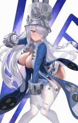 blue_jacket blush breasts closed_mouth commentary_request cosplay costume_switch gloves grey_hair grey_helmet helmet highres jacket large_breasts long_hair looking_at_viewer multiple_girls norma_hollowell pointy_ears simple_background solo_focus standing v velina_airgid white_background white_gloves zenless_zone_zero