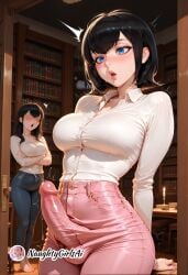 2girls ai_generated arm_support bangs barefoot big_breasts black_hair blue_eyes blush book bookshelf breasts bulge collared_shirt crossed_arms curvy english_text erection erection_under_clothes futanari high-waist_pants hotel_transylvania huge_penis indoors large_breasts large_penis lips long_hair long_sleeves mavis_dracula medium_breasts multiple_girls naughtygirlsai open_mouth pants patreon_username penis pink_pants precum shirt shirt_tucked_in short_hair standing trembling twitching_penis uncensored veins veiny_penis white_shirt