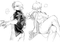 bottomless breasts_out canon_genderswap crossed_legs female female_only genderswap_(mtf) ginko_sakata gintama gintoki_sakata kimono medium_breasts monochrome open_clothes open_kimono open_shirt rule_63 short_hair sitting sketch smile solo