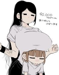 2girls artist_request big_boobs big_breasts black_hair boobs breast_rest breasts breasts_on_head brown_hair character_request clothing follower_celebration huge_boobs huge_breasts long_hair milestone_celebration petite_body petite_female ponytail short_hair simple_background size_difference smaller_female taller_female tied_hair yuri