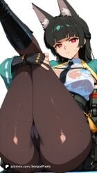 1girl :t ai_generated animal_ear_fluff animal_ears artist_name ass bangs black_gloves black_hair black_pantyhose blunt_bangs boots braid breasts fingerless_gloves gloves hoshimi_miyabi large_breasts legs_up long_hair looking_at_viewer necktie panties pantyhose patreon pout questionable red_eyes see-through senpai_pixels shirt simple_background skirt solo thighs torn_clothes torn_pantyhose underwear wet white_background zenless_zone_zero