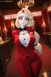 1girl ai_generated arms_behind_back bow bowtie breasts buttons charlie_morningstar_(hazbin_hotel) cleavage formal hazbin_hotel hi_res high_quality high_resolution indoors jacket large_breasts long_hair looking_at_viewer pants patreon patreon_username red_eyes seductive sexy smile solo spicytoonai suit thigh_gap uncensored very_long_hair watermark white_hair