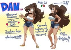 1girls arm_behind_back bare_legs barefoot black_eyes blue_shorts breasts brown_hair camisole character_name character_profile cleavage clothing collarbone coolerinker crop_top dan_(inker_comics) dark-skinned_female dark_skin denim denim_shorts english_language english_text feet female full_body halftone_background hand_on_own_hip high-waist_shorts high_ponytail inker_comics inkershike large_breasts long_hair looking_at_viewer midriff multiple_views narrow_waist navel original ponytail sandals short_shorts shorts sidelocks smile standing tan toes very_long_hair waving white_camisole yellow_background