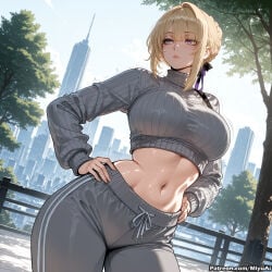 1girl ai_assisted ai_generated artoria_pendragon_(all) bangs blonde_hair blue_sky blush braid breasts building cityscape closed_mouth curvaceous curvy curvy_female curvy_figure day evelyn_chevalier eyebrows_visible_through_hair female fence forest french_braid hair_intakes hair_ribbon large_breasts long_sleeves looking_at_viewer midriff miyuai nature navel outdoors pants purple_eyes ribbed_sweater ribbon sidelocks sky skyscraper solo sweater thick thick_ass thick_butt thick_hips thick_legs thick_thighs tree turtleneck voluptuous voluptuous_female wide_hips wide_thighs zenless_zone_zero