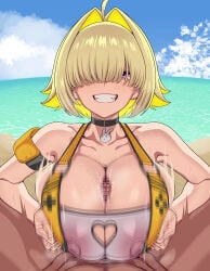 1boy 1girls bangs_over_eyes blonde elegg_(boom_and_shock)_(nikke) elegg_(nikke) goddess_of_victory:_nikke hiyoko_spot huge_breasts paizuri penis short_hair